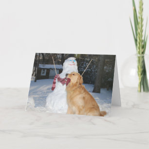 Tarjeta Festiva Golden Retriever Construyendo un Muñeco de Nieve p