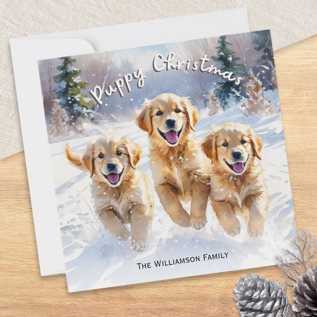 Tarjeta Festiva Golden Retriever Cuppies En Navidades De Cachorros (A cute personalized Christmas card with picture of 3 Golden Retriever puppies running through snow)