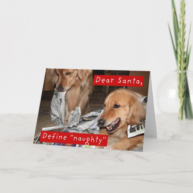 Tarjeta Festiva Golden Retriever Define Navidades traviesos (Anverso)