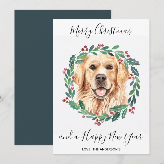Tarjeta Festiva Golden Retriever Dog Elegant Merry Christmas (Anverso / Reverso)