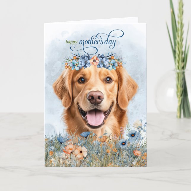 Tarjeta Festiva Golden Retriever Dog Wildflowers Mother's Day (Anverso)