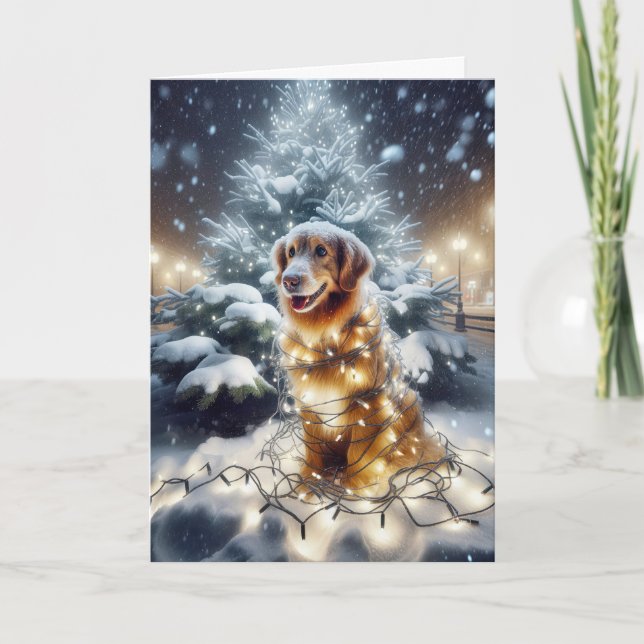 Tarjeta Festiva Golden Retriever Enredada En Luces De Navidades (Anverso)