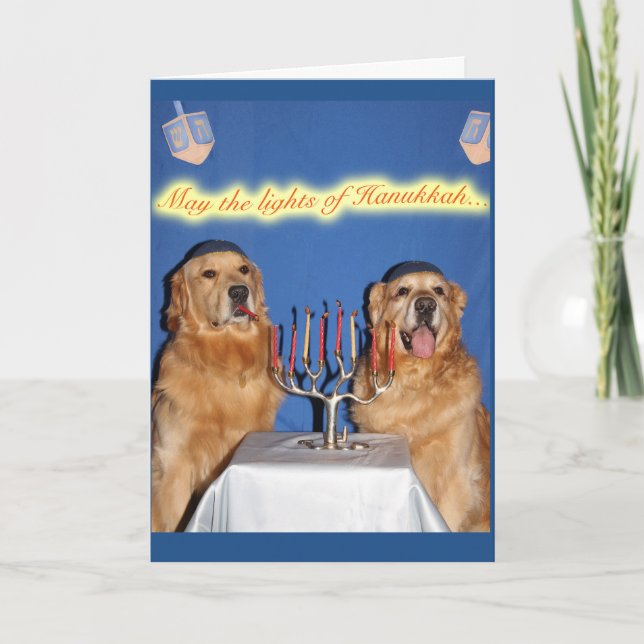 Tarjeta Festiva Golden Retriever Hanukkah Menorah Lighting (Anverso)