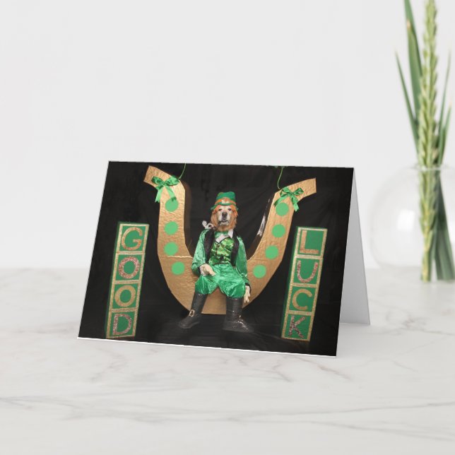 Tarjeta Festiva Golden Retriever Leprechaun San Patricio (Anverso)