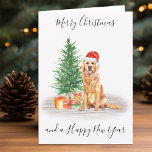 Tarjeta Festiva Golden Retriever Merry Christmas Santa Dog<br><div class="desc">Envíe saludos de navidad esta temporada navideña con esta tarjeta navideña santa perro de recuperación de la Feliz Navidad, y una decoración a juego. Esta tarjeta de vacaciones de recuperación dorada incluye un perro acuarela en un sombrero y árbol de santa. Personaliza con mensaje y apellido . Esta tarjeta de...</div>