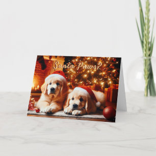Tarjeta Festiva Golden Retriever Puppies Hear Santa Card