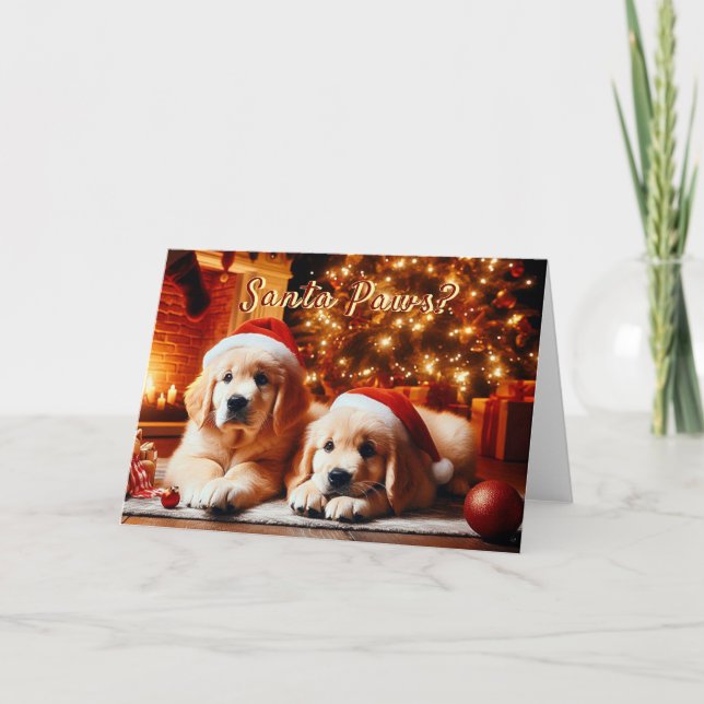 Tarjeta Festiva Golden Retriever Puppies Hear Santa Card (Anverso)