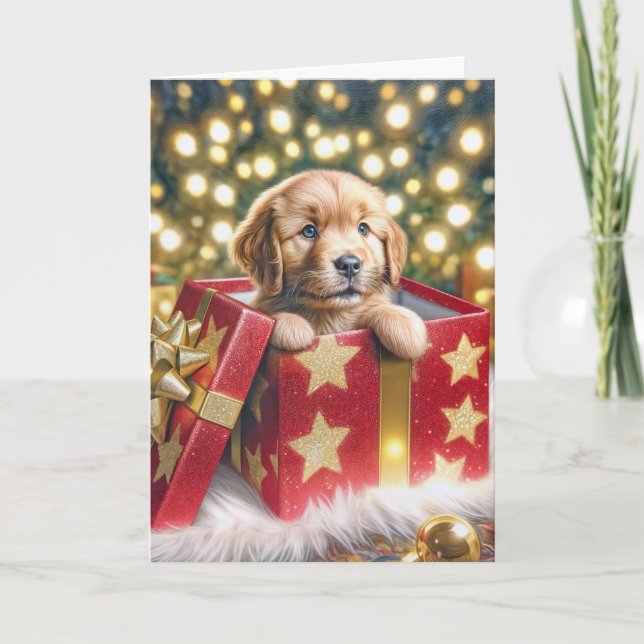 Tarjeta Festiva Golden Retriever Puppy en caja de Navidades (Anverso)