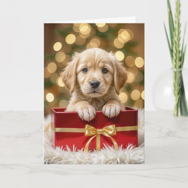 Tarjeta Festiva Golden Retriever Puppy en caja de Navidades (Anverso)