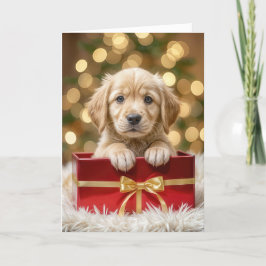Tarjeta Festiva Golden Retriever Puppy en caja de Navidades
