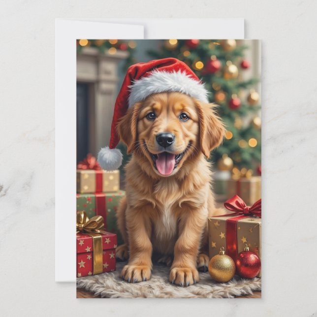 Tarjeta Festiva Golden Retriever Puppy's First Christmas Festive (Anverso)