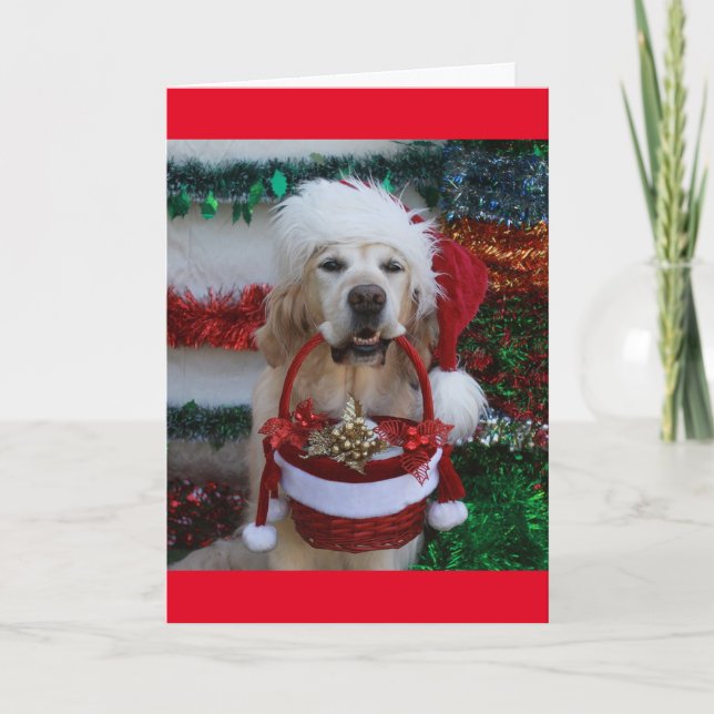 Tarjeta Festiva Golden Retriever sosteniendo una cesta de Navidade (Anverso)