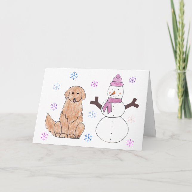 Tarjeta Festiva Golden Retriever y Snowman (Anverso)