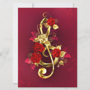 Tarjeta Festiva Golden Treble Clef con flores Rosas