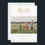 Tarjeta Festiva Golden Winter Sprigs Monograma Foto<br><div class="desc">Monograma de invierno de Golden Sprigs,  tarjeta de foto de vacaciones. Características de la tarjeta que coinciden con el respaldo del patrón y varias líneas de plantilla para el saludo de su personalizado.</div>