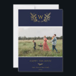 Tarjeta Festiva Golden Winter Sprigs Monograma Foto Azul<br><div class="desc">Monograma de invierno de Golden Sprigs,  tarjeta de foto de vacaciones en azul festivo. Características de la tarjeta que coinciden con el respaldo del patrón y varias líneas de plantilla para el saludo de su personalizado.</div>