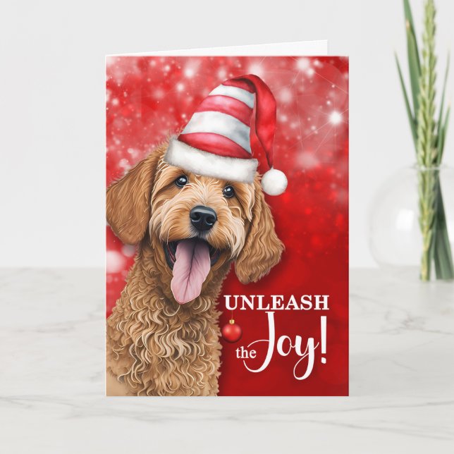 Tarjeta Festiva Goldendoodle desata a los Navidades de la alegría (Anverso)