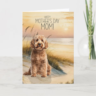 Tarjeta Festiva Goldendoodle Perro Playa Atardecer Día de la Madre
