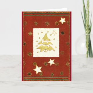 Tarjeta Festiva GOLDENER WEIHNACHTSBAUM ABSTRAKT auf Rot Braun