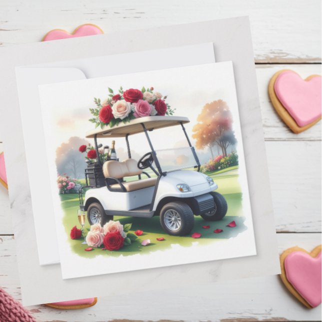 Tarjeta Festiva Golf Cart with red roses on green grass Valentine (Subido por el creador)