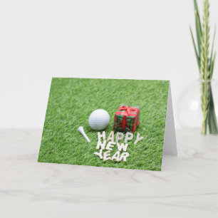Tarjeta Festiva Golf Feliz Año Nuevo con pelota de golf y regalo