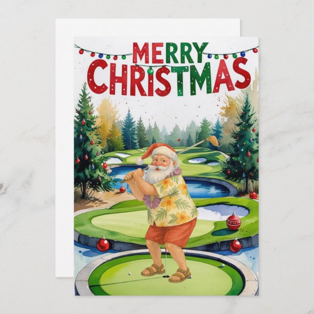Tarjeta Festiva Golf Merry Christmas Santa Golf en curso (Anverso / Reverso)