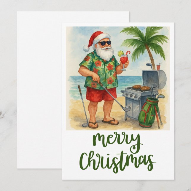Tarjeta Festiva Golf Merry Christmas Santa Golfer Beach temática (Anverso / Reverso)