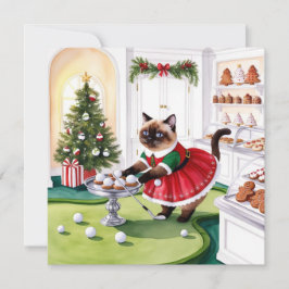 Tarjeta Festiva Golf Navideño para golfista amante de los gatos
