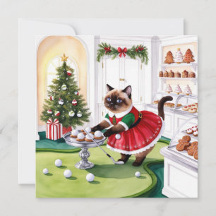 Tarjeta Festiva Golf Navideño para golfista amante de los gatos
