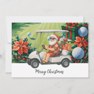 Tarjeta Festiva Golf Santa conduciendo carrito de golf en el recin