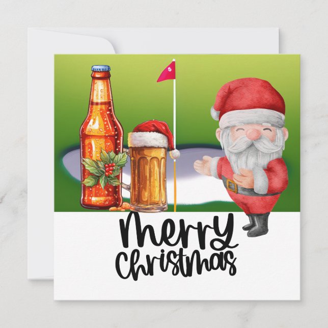 Tarjeta Festiva Golf Santa y Cerveza para Navidades Funny Golfer (Anverso)