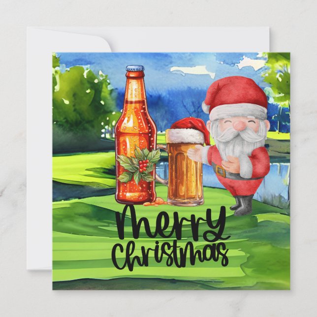Tarjeta Festiva Golf Santa y Cerveza para Navidades Funny Golfer (Anverso)