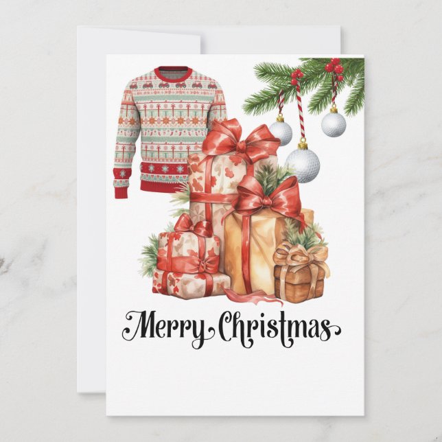 Tarjeta Festiva Golf Ugly Sweater temática para Navidades golfista (Anverso)