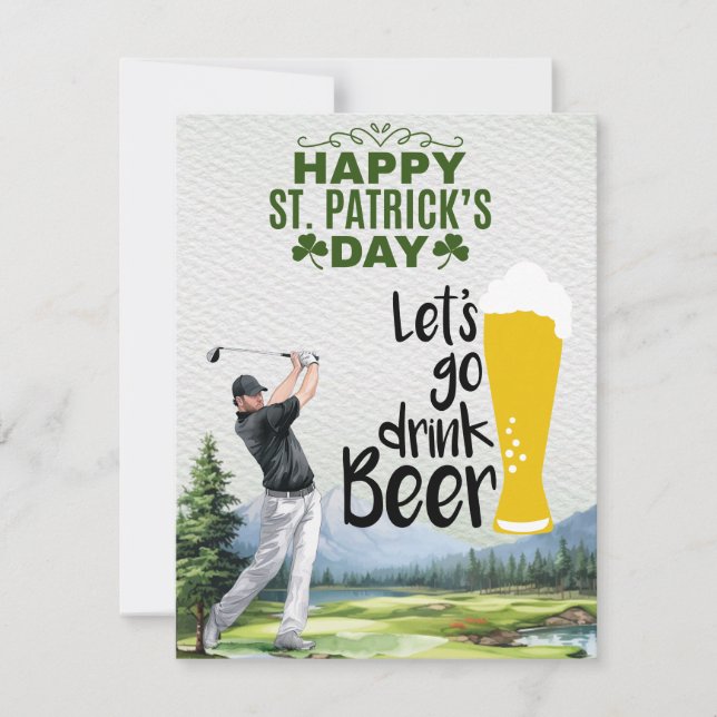 Tarjeta Festiva Golfer con Beer & Shamrock St. Patrick's Day (Anverso)
