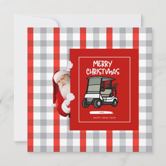 Tarjeta Festiva Golfer Santa Claus con carrito de golf Feliz Navid (Anverso)