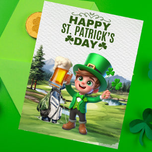Tarjeta Festiva Golfista con cerveza y trébol Día de San Patricio