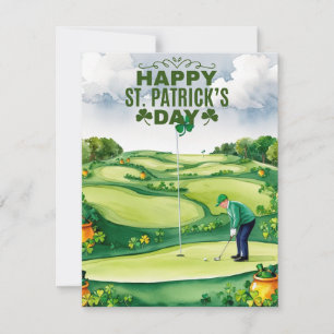 Tarjeta Festiva Golfista con cerveza y trébol Día de San Patricio