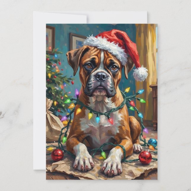Tarjeta Festiva Goofy Boxer Dog Tangled in Christmas Lights (Anverso)