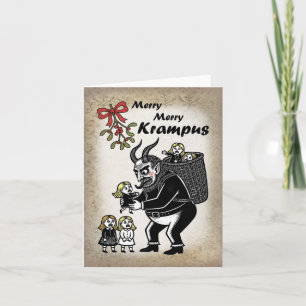Tarjeta Festiva Gordo Krampus Agarrando Chicas Divertido Travieso 