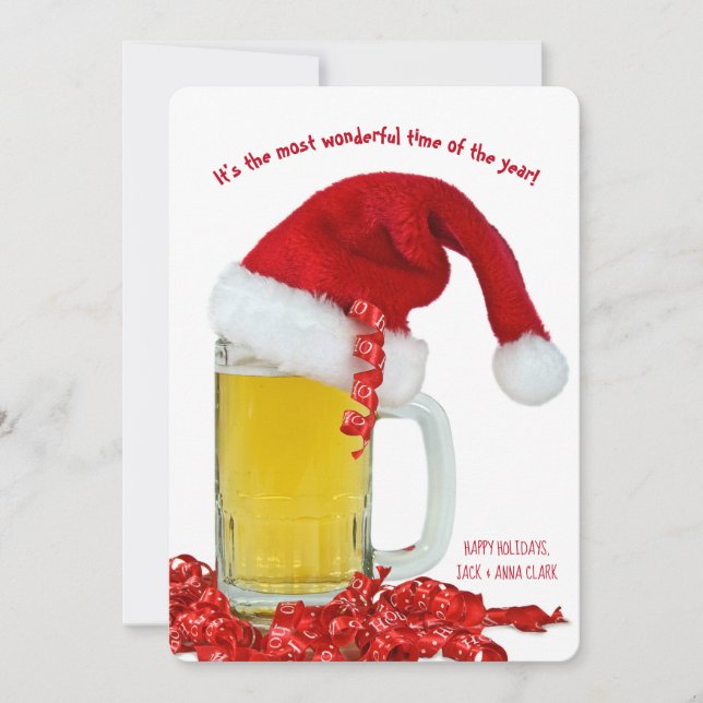 Tarjeta Festiva gorra de navidades en taza de cerveza (Anverso)