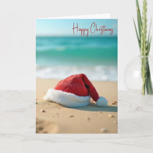 Tarjeta Festiva Gorra de Santa Claus en una playa tropical (Anverso)