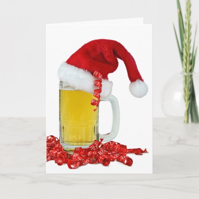 Tarjeta Festiva Gorra de Santa en taza de cerveza (Anverso)