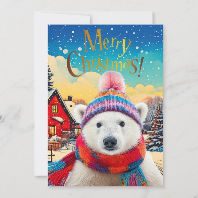Tarjeta Festiva Gorra y bufanda de Papá Noel de oso polar (Anverso)
