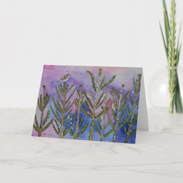 Tarjeta Festiva Gorriones en los árboles (Anverso)