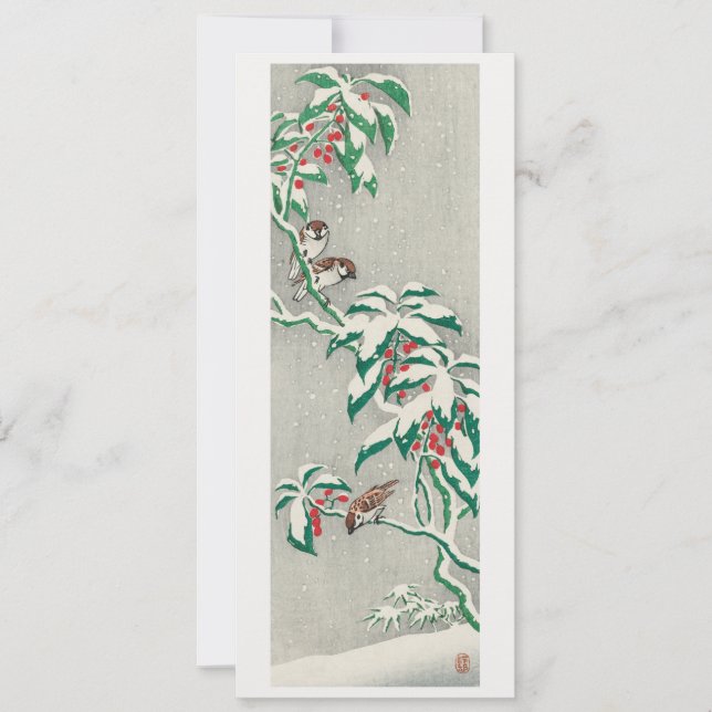 Tarjeta Festiva Gorriones en una rama nevada (Anverso)
