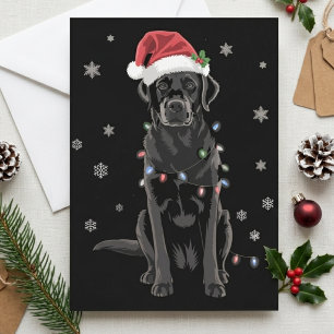 Tarjeta Festiva Gorrito de Santa de Labrador negro Luces de Navida