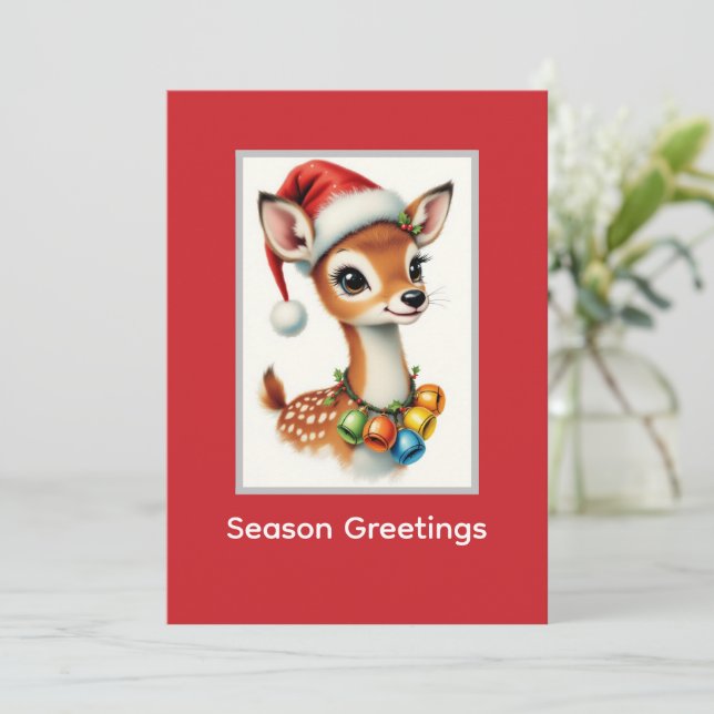 Tarjeta Festiva Gorro de Santa Claus con Ciervo Bello (Anverso de pie)