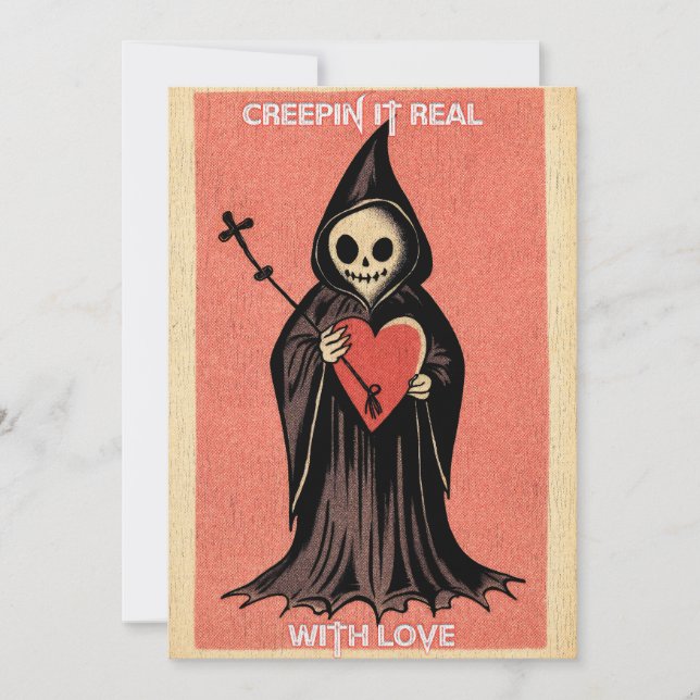 Tarjeta Festiva Goth Valentine Espeluznante Segador con Corazón (Anverso)