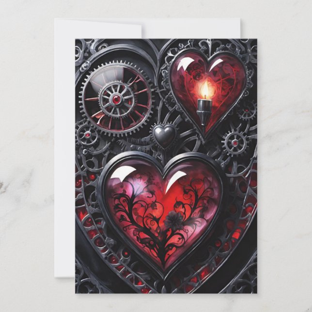 Tarjeta Festiva Gothic Steampunk Valentine Red & Black Gear Hearts (Anverso)
