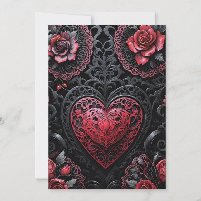 Tarjeta Festiva Gothic Valentine Red & Black Hearts & Roses (Anverso)